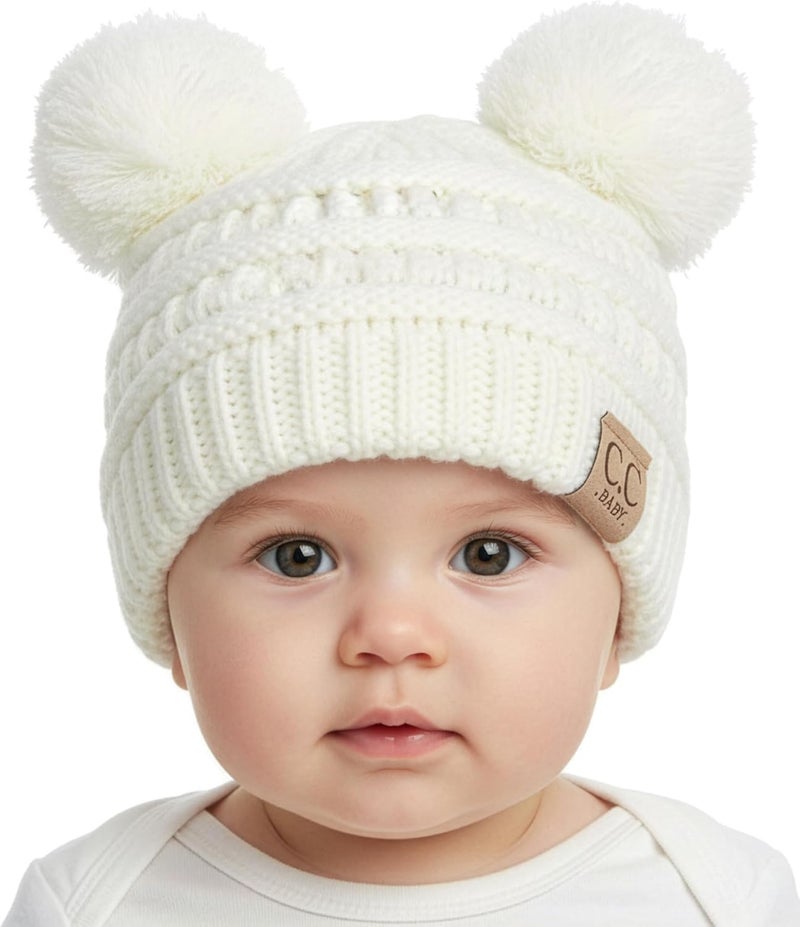 Funky Junque Double Pom Pom Baby Beanie – Newborn Girl Winter Hat 0–12 Months, Cute Cozy Knit Infant Beanies for Cold Weather - Image 1